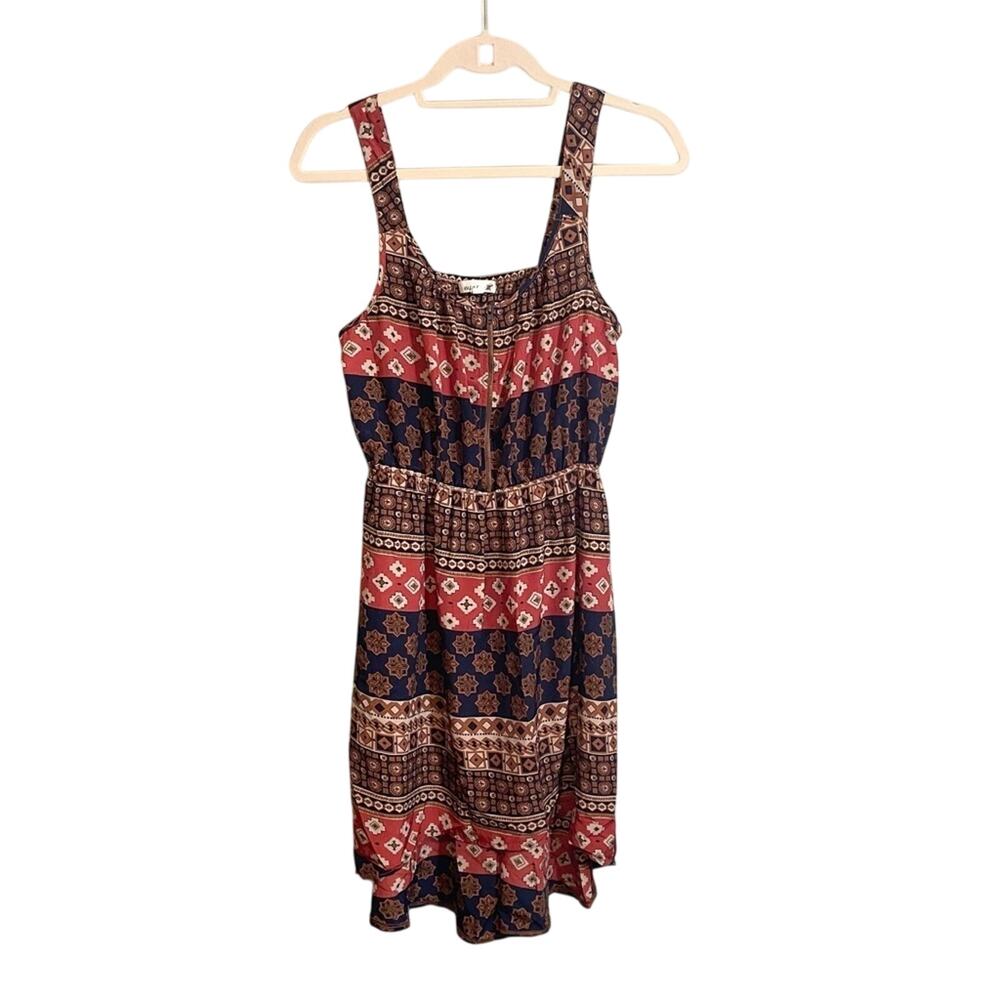 Mine Womens Printed Square Neck Sleeveless‎ Fit & Flare Dress Brown Large